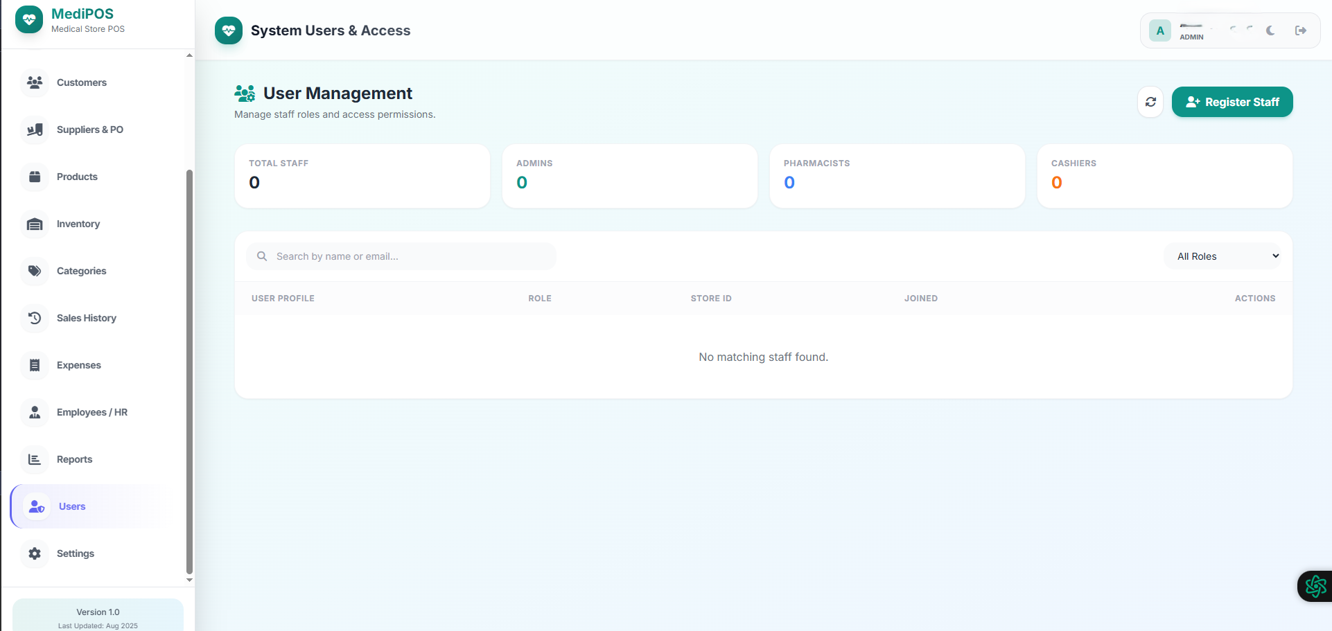 MediPOS dashboard showing user management and access control UI